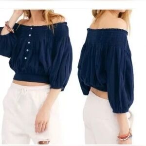 We The Free Navy Puff Sleeve Smocked Off the Shoulder Crop Top